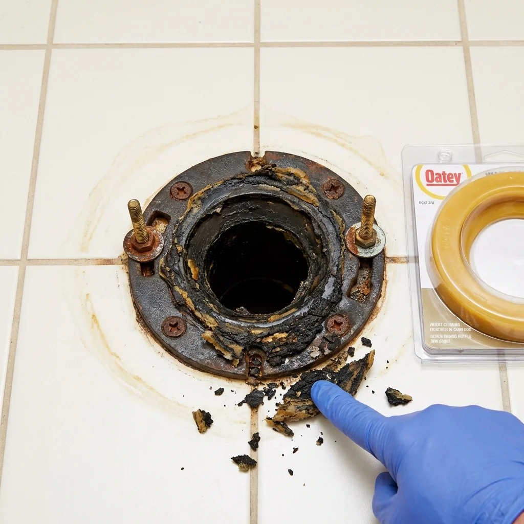 Failed wax ring showing water seepage at the base of a toilet in a Vienna, IL home