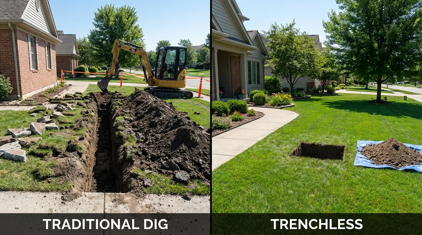Trenchless sewer repair with minimal yard damage versus traditional excavation in Vienna, IL